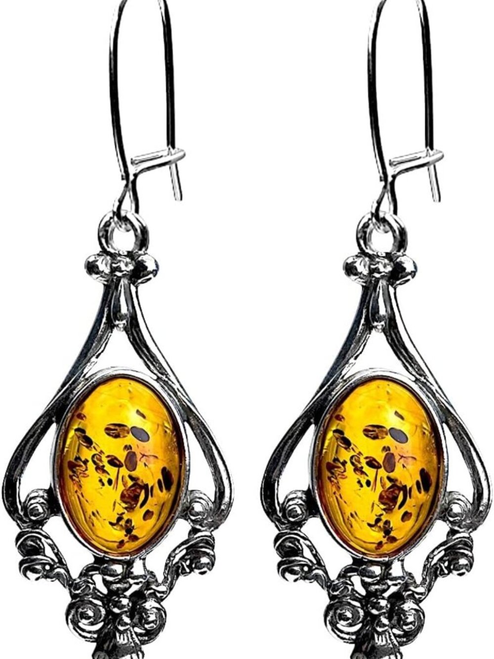 Honey Amber Sterling Silver Filigree Dangle Earrings - Large Statement Jewelry